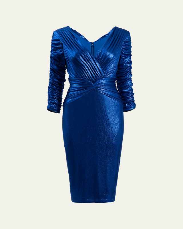Pleated Bodycon Metallic Jersey Midi Dress